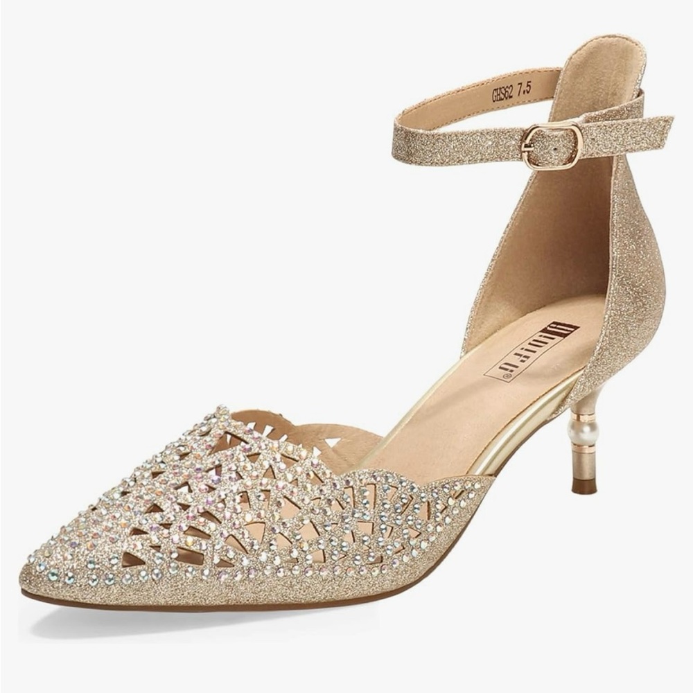 IDIFU Women's Gold Ankle Strap Rhinestone Sequins Heels, size 5.5